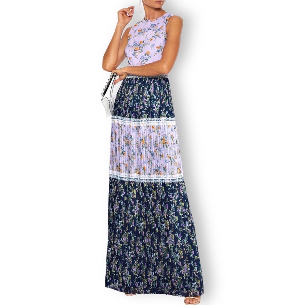 NWT Mikael Aghal Pleated Floral Chiffon Maxi Dress in Lilac & Blue sz 2